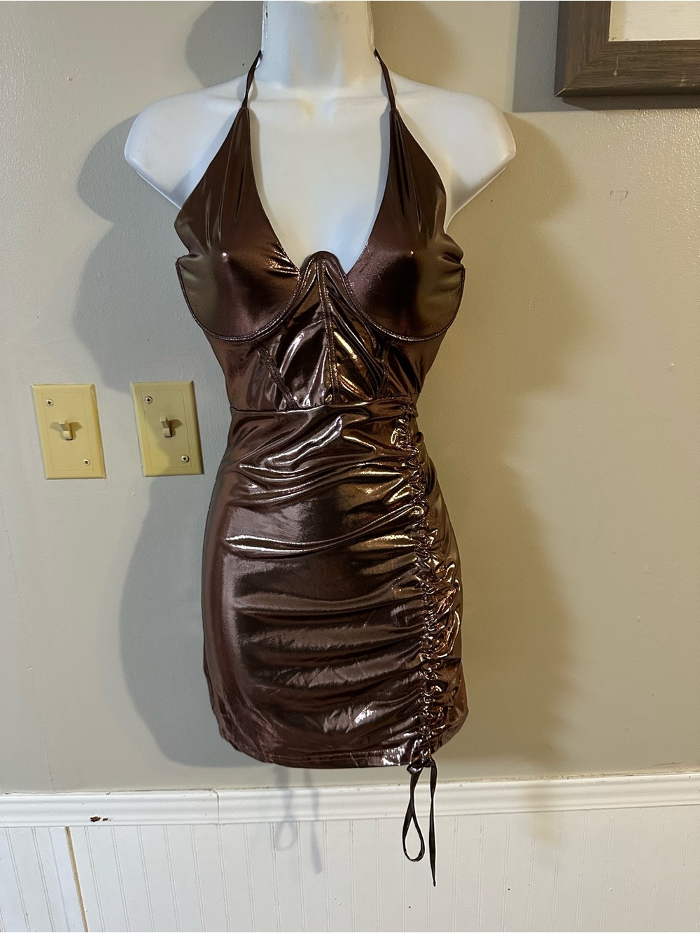 Shimmery Brown Halter Ruched Mini Dress